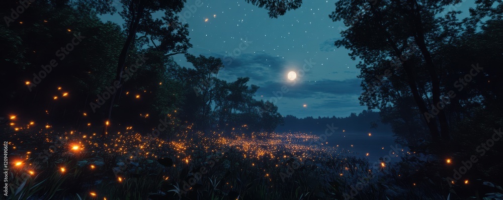 Poster a mesmerizing dance of fireflies illuminating a moonlit forest, creating a magical and enchanting at