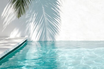 Obraz premium A close-up of the edge of an outdoor pool, with palm leaves casting shadows on white walls, creating a tranquil and minimalist atmosphere.