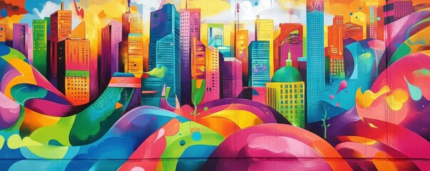 Vibrant street art mural depicting a colorful cityscape, urban creativity.