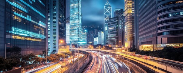 A bustling metropolis at night, with skyscrapers ablaze with light and traffic streaming through the streets below.