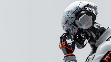 Contemplative robot, futuristic design, grey background, AI pondering. Use Sci-fi illustration