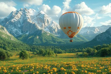 Naklejka premium 3D render of a hot air balloon flying over a green meadow with yellow flowers and mountains in the background, high resolution, high detail.
