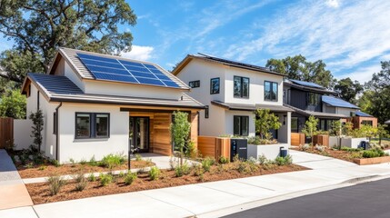 Exterior view of a smart home with rooftop solar panels and a compact battery storage unit, demonstrating advanced energy management for sustainability.