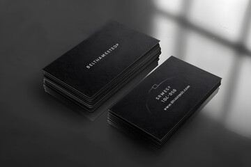 Sleek and modern black business card mockup, textured surface, subtle reflections, elegant design elements. Generative Ai.