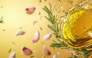 Olive oil splash with fresh rosemary and garlic cloves floating around