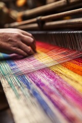 Hand weaves colorful threads on a wooden loom.