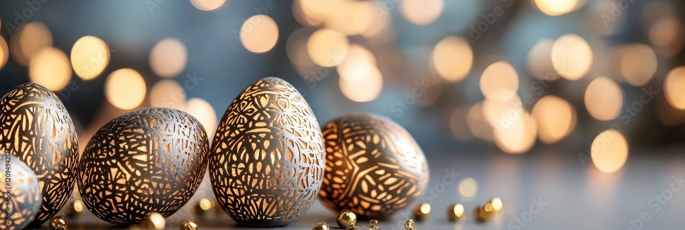 Poster elegant decorative easter eggs with golden patterns on a soft background of glowing bokeh lights – p