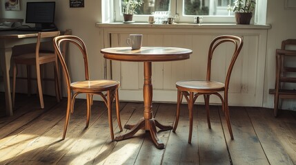 Fototapeta premium Sunlit cafe table, two chairs, cozy room