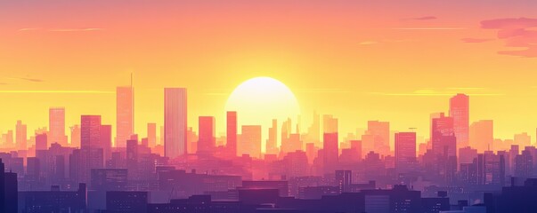 Naklejka premium Vibrant sunrise over a city skyline with a clear sky and glowing buildings.