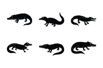 Saltwater Crocodile (Crocodylus porosus) mammal animal, labeled silhouette vector art illustration.