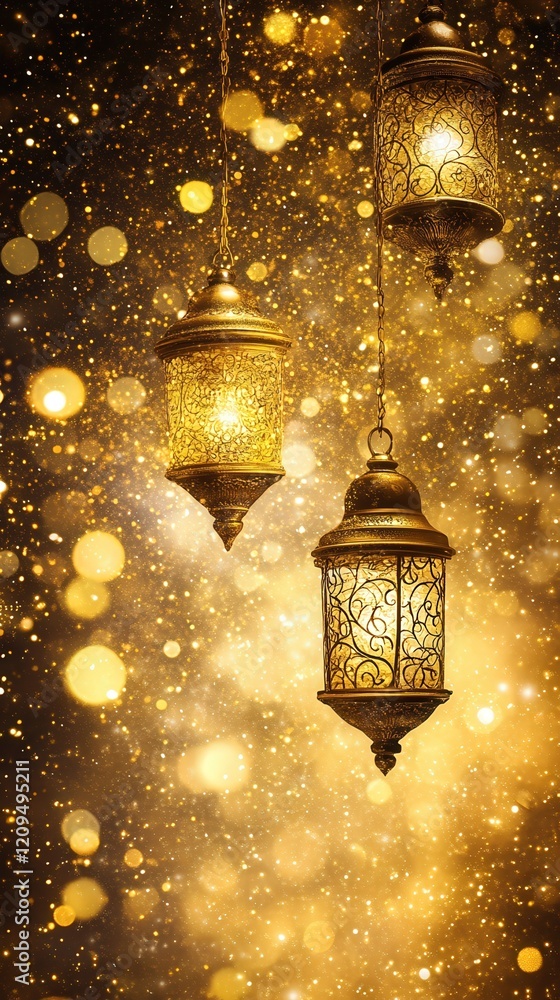 Poster enchanting golden lanterns illuminating a festive background with sparkling bokeh effect for magical