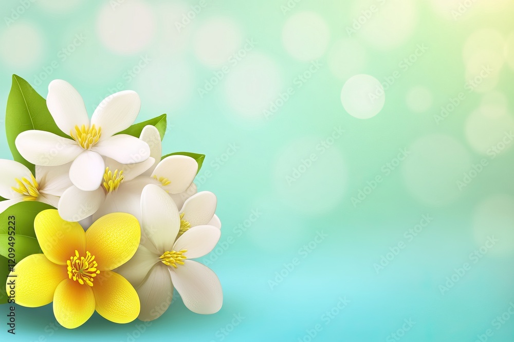 Poster colorful spring flowers arranged beautifully on a soft background with gentle bokeh effects, creatin