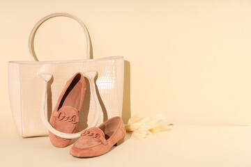 Bag and shoes on beige background, space for text