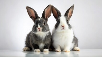 Obraz premium Adorable Black and White Bunny Rabbits: One Standing, One Sitting - Long Exposure Studio Shot