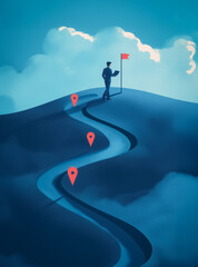 A creative digital artwork showing a businessman at the end of a stylized, winding roadmap under a sky of clouds, with a red flag at the destination.