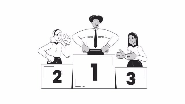 Employees recognition hand drawn whiteboard sketch animation. Three professionals standing on winner podium 4K video. Career triumph. Business competition animated handdrawn concept pencil drawing