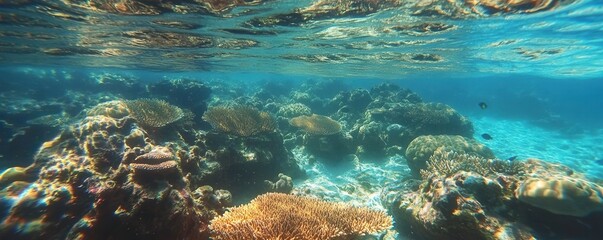 Fototapeta premium Vibrant underwater coral reef with tropical fish, clear blue ocean.