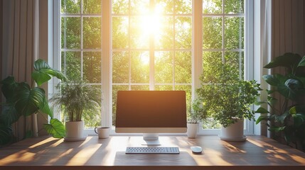 Sunlit home office desk, plants, window view