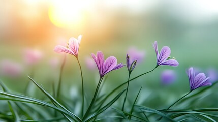 Fototapeta premium Vibrant spring flowers blooming under a soft golden sun in a serene garden setting during early morning hours