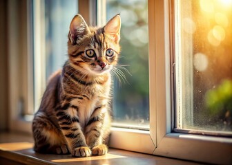 Adorable Brown Kitten Gazing Out Window, Cute Pet Cat Sunbathing on Windowsill, Cozy Home Scene