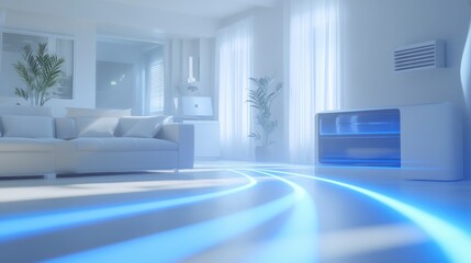 A dynamic video showcasing the effects and energy efficiency of indoor heating systems in an empty white living room with blue glowing lines.