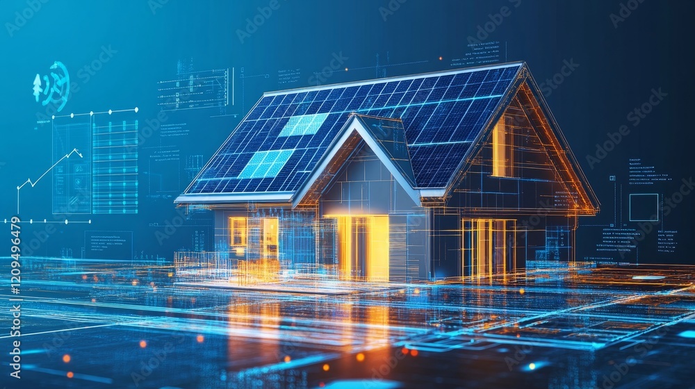 Aufkleber modern house with solar panels on the roof, featuring data visualizations of energy usage and effici
