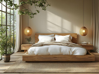 Serene Bedroom Design: Wooden Bed, Natural Light, Minimalist Decor
