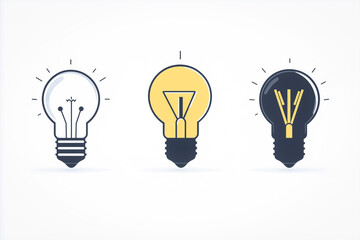 A clean and minimalist vector illustration of three lightbulbs in different designs and colors, showcasing a modern and creative energy concept.