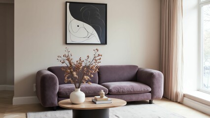 Elegant Living Room Featuring Soft Purple Sofa, Striking Wall Art, and Chic Coffee Table for Modern Sophistication