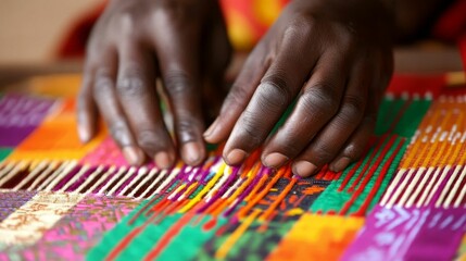 Hands weaving vibrant, multicolored textile.