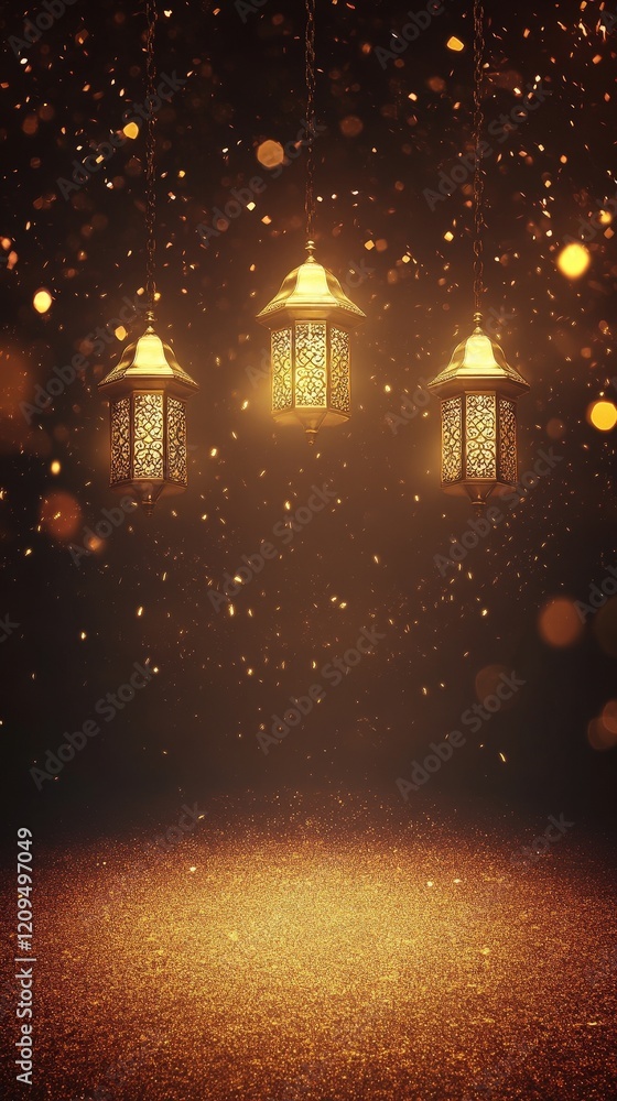 Poster beautiful hanging lanterns illuminated in a dark room with soft bokeh lights creating a magical atmo