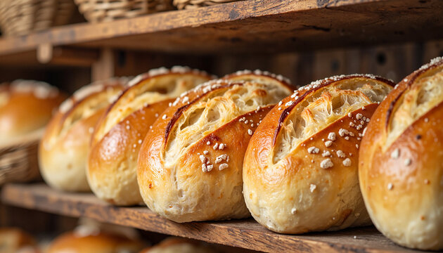 Crusty bread loaves showcased on wooden bakery shelf, culinary delight