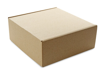 One closed cardboard box isolated on white. Mockup for design