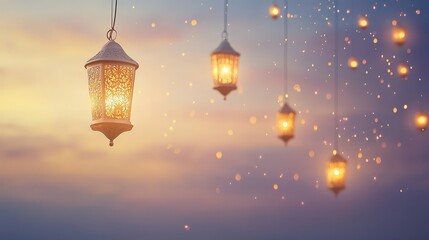 Obraz premium Magical Lanterns Glowing at Dusk: Enchanting Evening Scene with Soft Bokeh Lights and a Dreamy Atmosphere for Cozy Moments