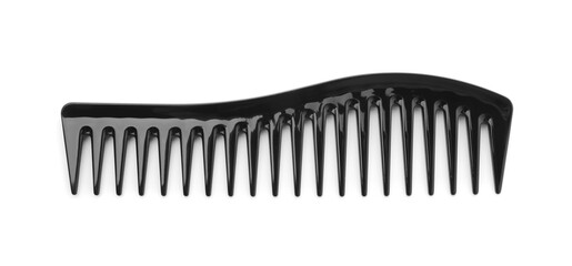 One black plastic comb isolated on white, top view