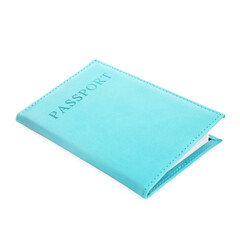 Passport in light blue cover isolated on white