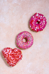 Valentine's Day Decorated Donut Assortment.top veiw.selective focus