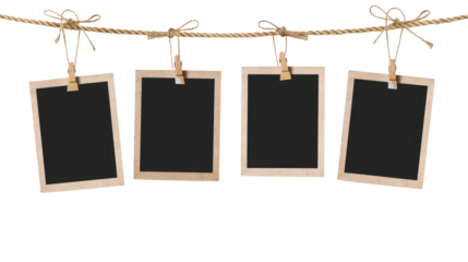Four blank instant photo frames hanging on a rope isolated on transparent background, Png file
