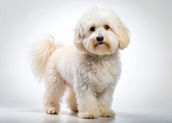 Fototapeta premium Adorable Fluffy Eskipoo Dog, Full Body, White Background - Stock Photo