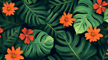 Lush Tropical Leaves and Orange Flowers, monstera, plants, foliage, greenery, nature