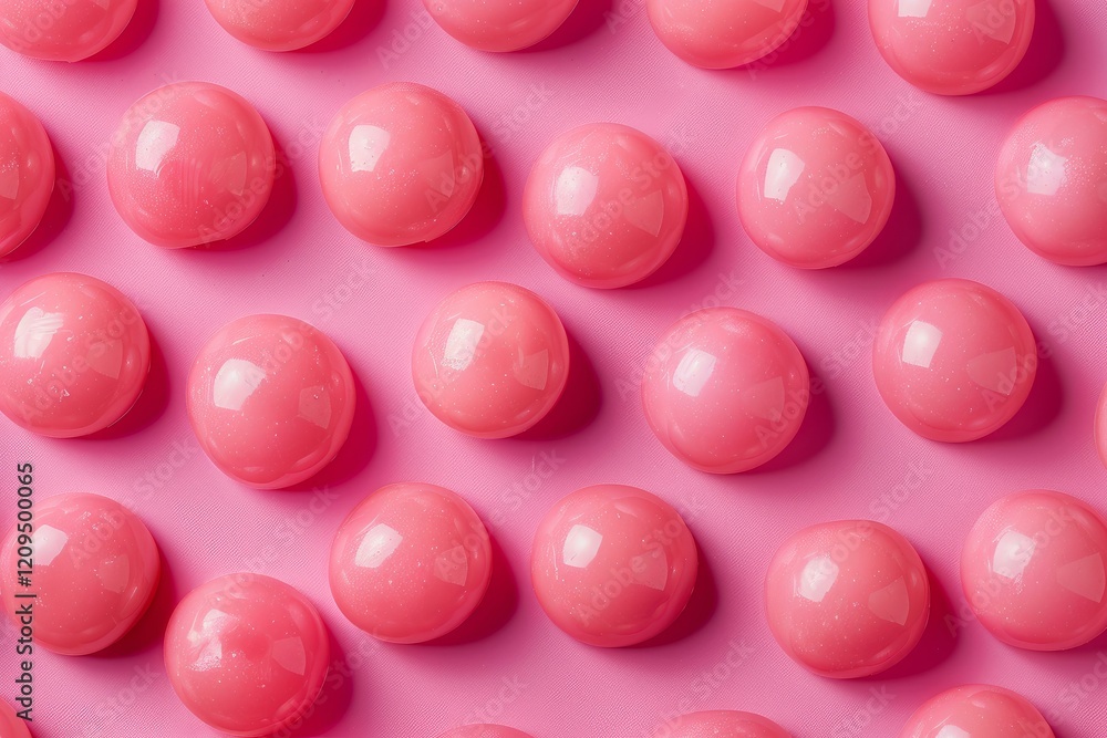 Poster shiny pink candies arranged in diagonal rows creating a pleasing visual pattern on a pink backdrop