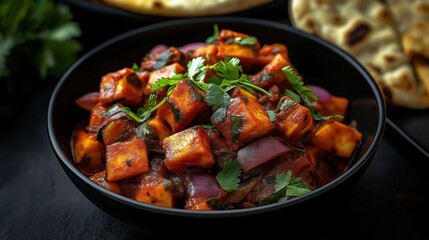 Deep fried paneer cubes garnished with vegetables and herbs in a bowl