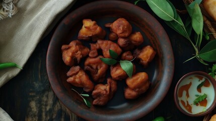 Fototapeta premium Indian chicken fritters on an earthenware plate