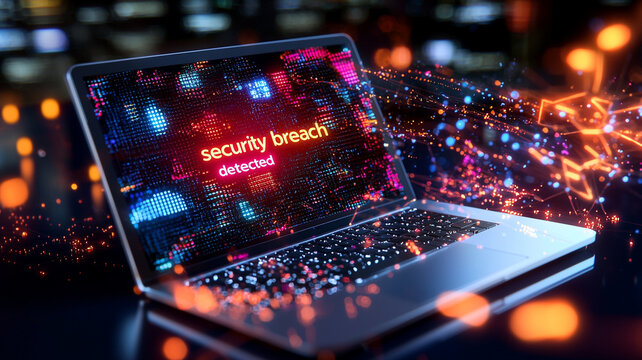 Ai generated security breach detected on laptop cybersecurity incident digital environment close-up view