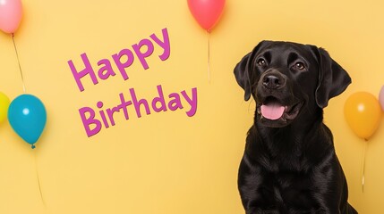 A joyful black dog smiles against a yellow background, celebrating a birthday with colorful balloons and a cheerful "Happy Birthday" message.