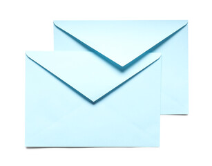 Blue envelopes isolated on white, top view. Mockup for design