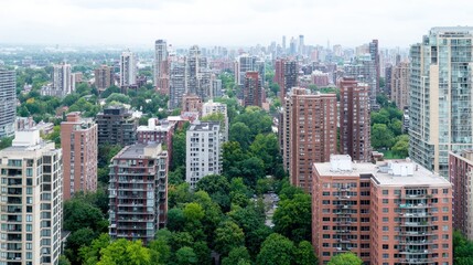 Fototapeta premium Cityscape aerial view High-rise buildings, green spaces, urban sprawl. Real estate, travel