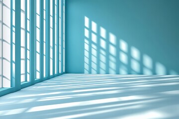 Abstract minimalist scene with light blue and white stripes on a wall, creating depth with shadows and an empty space in front of a white floor.