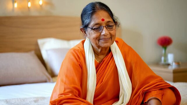 Serene elderly indian woman sitting on a bed, wearing a vibrant orange sari and a peaceful expression