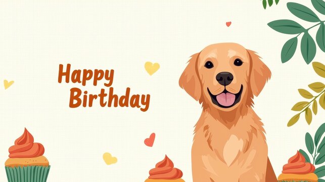 A cheerful birthday greeting featuring a happy golden retriever and colorful cupcakes, perfect for celebrating a pet's special day.